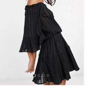 Asos Design Black Stripe Tiered Mini Dress Off Shoulders Bell Sleeves 38/ M